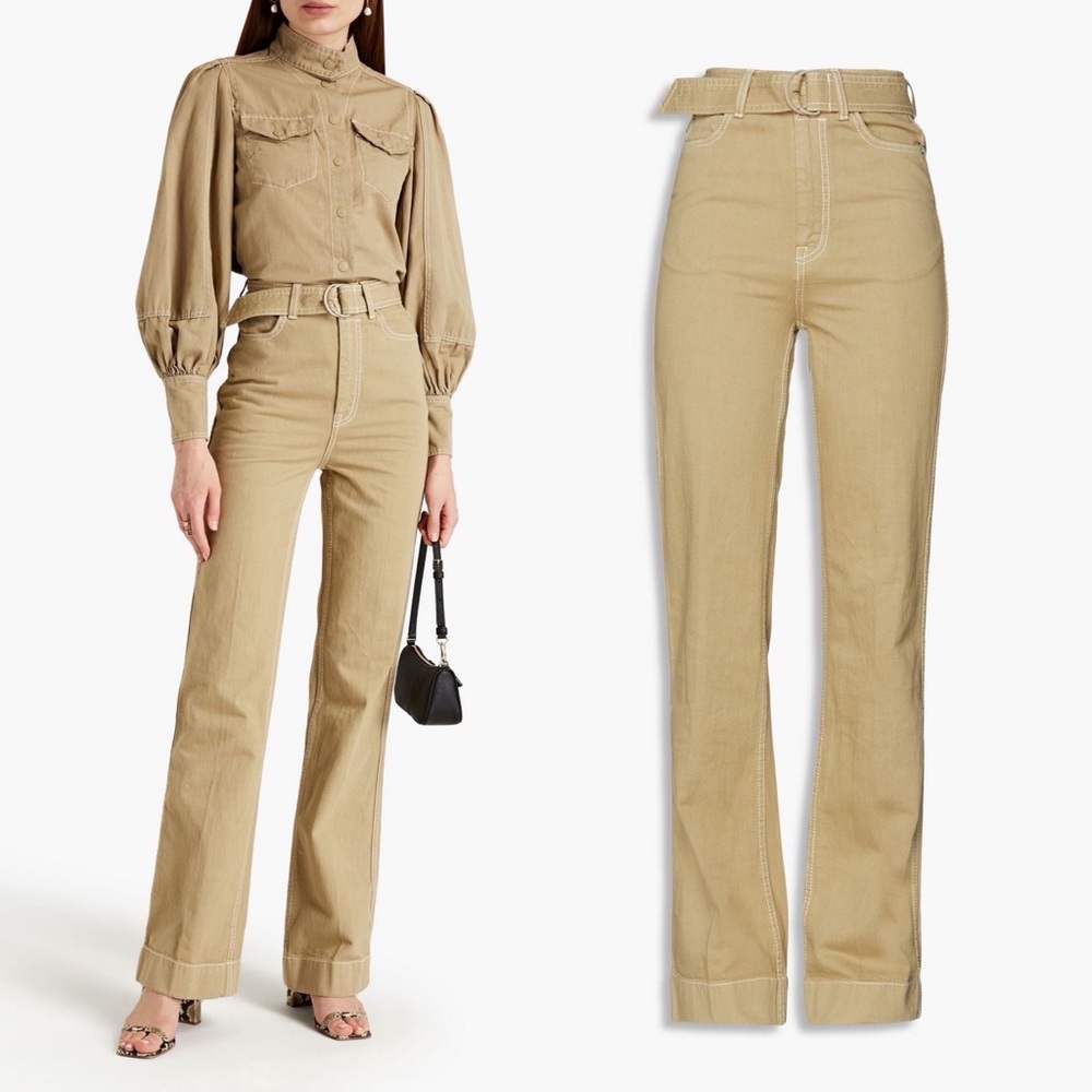 Zimmermann Belted High-Rise Straight-Leg Jeans in Sage Green